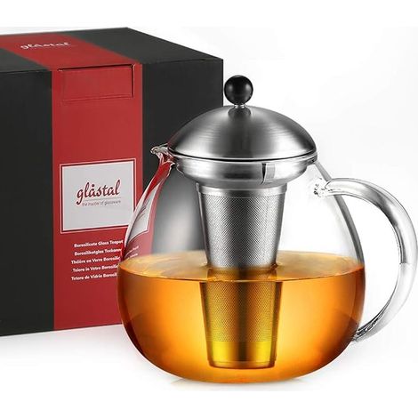 Théière en Verre 1500 ML passoire à thé en Acier Inoxydable Verre borosilicaté théière sur cuisinière verseuse en Verre Tamis Amovible 1500 ML (Argent) (1/5)