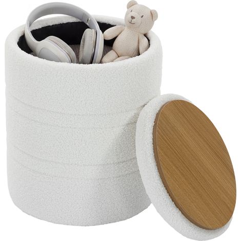 Pouf de rangement Sherpa avec couvercle réversible, tabouret rond pour salon et chambre, blanc (1/5)