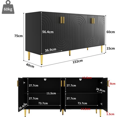 Buffet noir élégant 152x40x75 cm, motif ondulé exclusif, poignées dorées et pieds dorés, meuble salle à manger raffiné pour espace repas chic. (1/5)