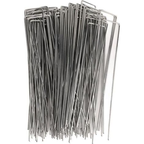 100 Piquet Jardin en Acier Galvanisé 4x10cm - Fixation Sol Toile Paillage Agrafes pour Bache (1/4)