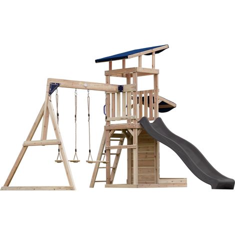 Axi Malik Aire De Jeux En Bois Avec 2 Balançoires, Toboggan Gris/ Aire De Jeux Extérieur, Bac À Sable, Mûr De Jeux/Toboggan Avec Raccordement À Eau  Portique Balançoire/Jeux En Bois Extérieur