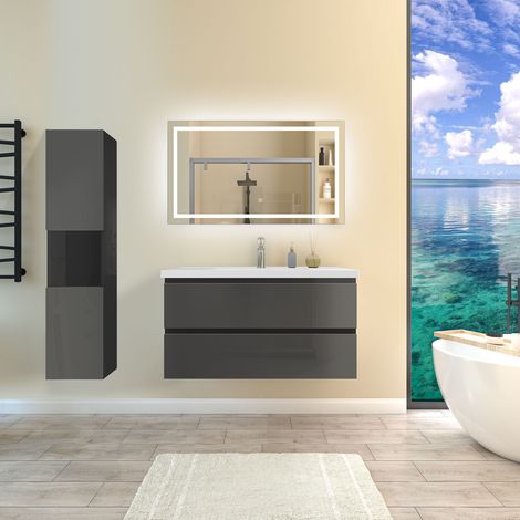 Ensemble de meubles de salle de bain Brillance Anthracite 100cm, Vasque Céramique + 131.5cm Colonne + Miroir Lumineux avec 3 Couleurs