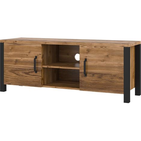 Meuble TV SOLAN avec 2 portes - Noir / bois (1/5)