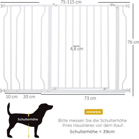 Hundeschutzgitter 75–115 x 76 cm aus Stahl/ABS, weiß, ohne Bohren für Treppen – MEUBLIV (1/5)