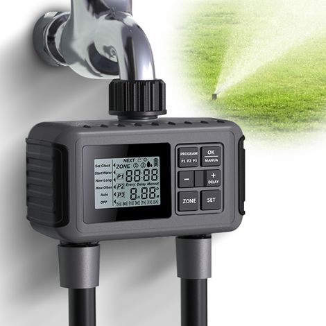 Programmateur d'arrosage automatique 2 voies avec écran LCD, délai pluie et filtre anti-colmatage, étanche IP55 pour jardin (1/2)