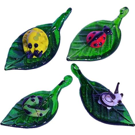 Ensemble de 4 figurines miniatures colorées en verre représentant des insectes en forme de feuille, pour la décoration de la maison et du jardin (1/5)
