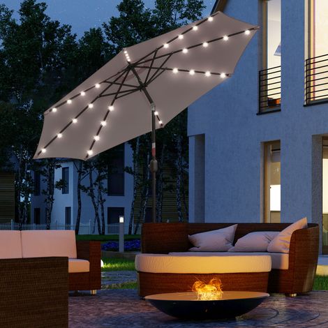 Parapluie extérieur terrasse Ø265cm jardin 32 lumières solaires LED poteau acier inclinable manivelle terrasse, gris