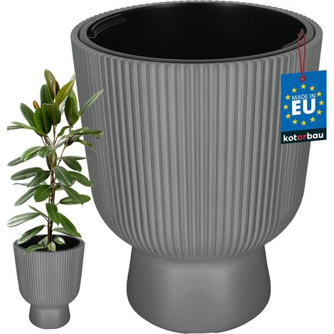 KOTARBAU® Pot de Fleur - Pot Plastique Plante Ø 39 cm - avec Bac Intérieur - Pot de Jardin - Pot de Fleur Exterieur -  H : 49 cm - PVC - Gris - Nervuré (1/4)