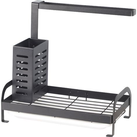 Organisateur Évier Noir Rangement Evier Cuisine Égouttoir 3-in-1Rangement Evier Cuisine Support Support Brosse Porte Eponge Porte-Serviette Porte Eponge Evier avec Plateau (1/5)