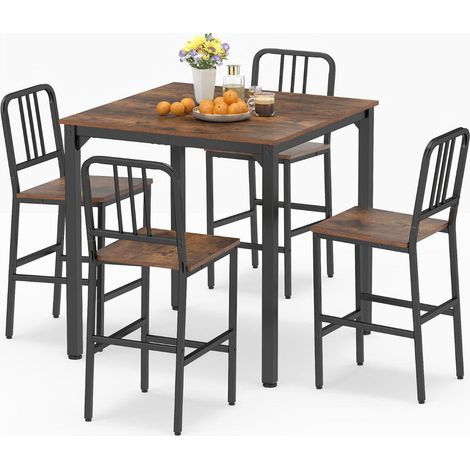 Aspect bois rustique, ensemble table haute cuisine avec 4 tabourets, gain de place, pour salle à manger (1/5)
