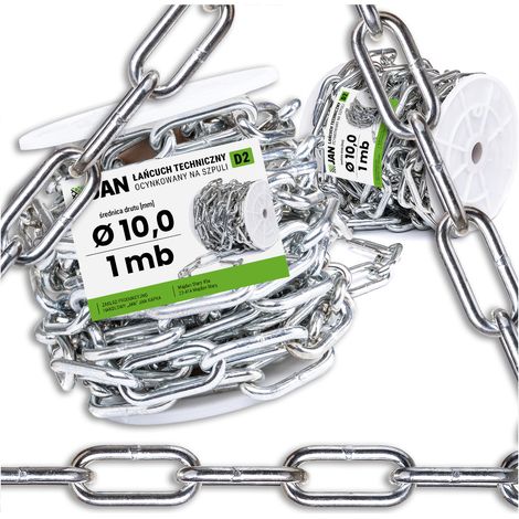 Chaîne technique commerciale D2 diamètre 10 mm galvanisée résistante, vendue au mètre (1 mètre).
