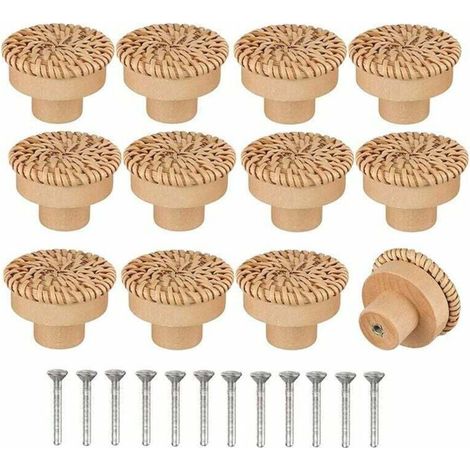 Lot de 12 Boutons de Commode en Rotin de Style Bohème - Faits à la Main - Inclus Vis - Convient pour Meubles en Bois, Tiroirs, Armoires (1/5)