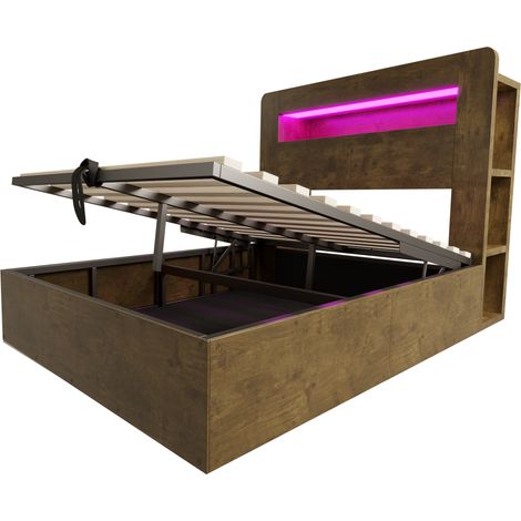 Lit coffre 140 x 200 cm en bois, relevage hydraulique, LED, prises intégrées (1/5)