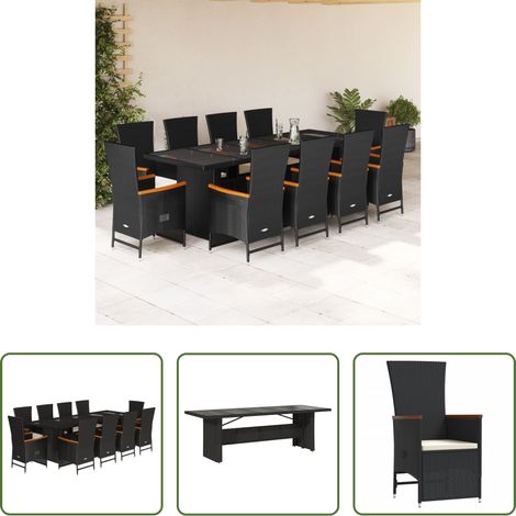 vidaXL Gartentisch - 11-tlg. Garten-Essgruppe mit Kissen Schwarz Poly Rattan (1/5)