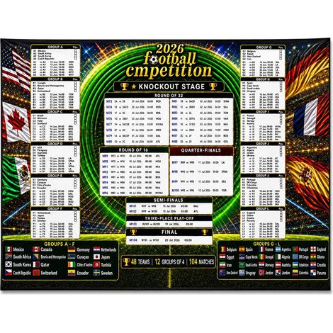 Poster Calendrier Football 2026, 150 x 100 cm, Plan Mural avec Matchs Dates et Lieux, Décoration pour Maison Bar Soirée Supporters Fête Été et Ambiance Familiale (1/5)
