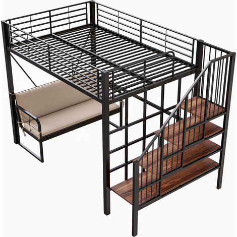 Litera de metal negro 140 x 200 cm con sofá desmontable y escalera con almacenaje (1/5)