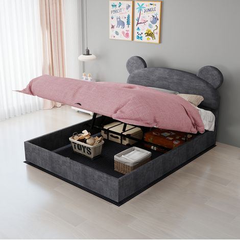 Lit coffre enfant rembourré à oreilles rondes 140x200 cm gris avec matelas, REDOM (1/5)