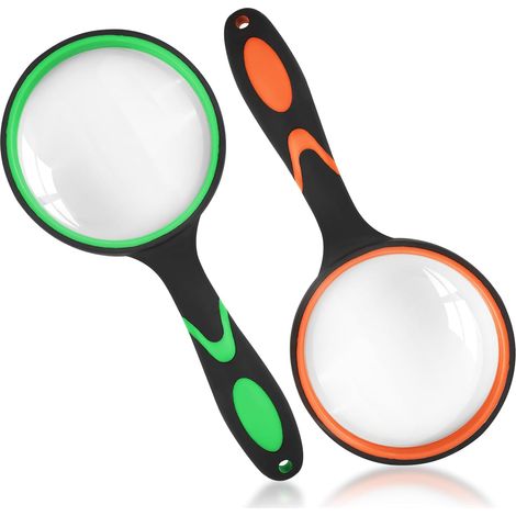2 lupas de lectura de 65 mm, lupas de mano con mango de goma antideslizante, ideales para niños y personas mayores, para leer libros de ciencia, periódicos, insectos y aficiones. (1/5)