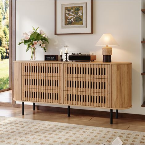 Aparador 160x40x70 cm con 6 cajones, diseño de lamas, estructura MDF y patas metálicas, acabado madera - natural (1/5)