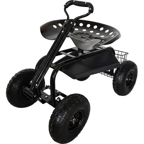 Relaxdays fahrbarer Gartensitz, höhenverstellbar, 150 kg, Stauraum, Lenkstange, Stahl, Luftreifen, Gartenwagen, schwarz