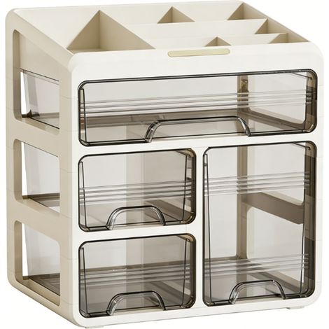 Organisateur de maquillage avec 4 tiroirs en plastique multi-compartiments, présentoir de cosmétiques, support de soins de la peau pour comptoir de salle de bain, vanité blanc crème (1/5)