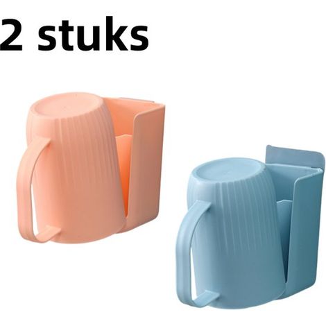 2 teilig Zahnbürstenhalter Zahnbürstenbecherhalter Wandregal ohne Bohren blau + rosa (1/5)