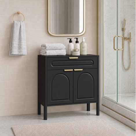 MODFU – Buffet de rangement 75x36x78,5 cm bois d'ingénierie – Tiroir, 2 portes, poignées dorées et bords arrondis – Charge 45 kg, charnières renforcées – Entrée ou salon – Noir (1/5)
