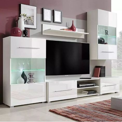 Meuble TV à LED 5 pièces bois blanc Glamourous (1/4)