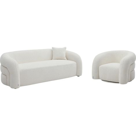 Canapé 3 places et fauteuil en tissu bouclette blanc LAPIOTA de Maison Céphy (1/5)