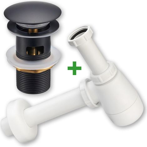 Set: Klick-Klack-Ablauf mit Überlauf + Waschbeckensiphon, schwarz (1/5)