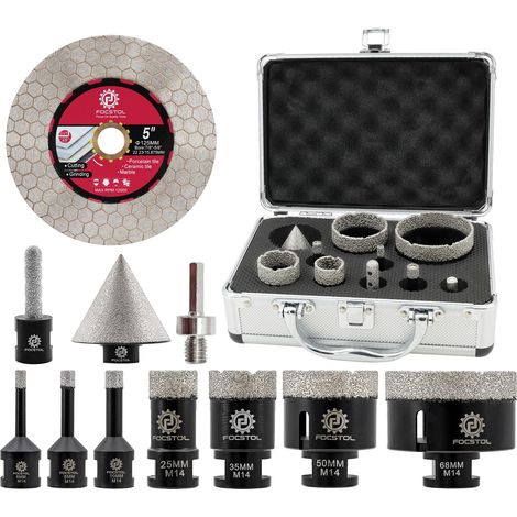 Scie Cloche Carrelage Kit - Foret Diamant Carrelage Kit pour Porcelaine Carrelage Marbre Granit 11 pièces (6/8/10/25/35/50/68mm+50mm Mèches Chanfrein+10mm Fraise+Adaptateur+125mm Disque) (1/5)