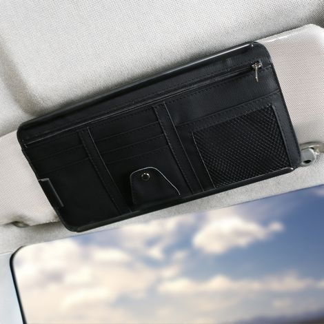 Sacoche de rangement pare-soleil pour voiture, accessoires intérieurs en cuir, poche de rangement pour permis de conduire, clé, carte, téléphone portable, factures et documents. (1/5)