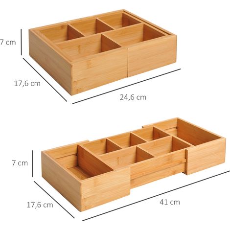 Boîte de rangement bambou naturel extensible, tiroir coulissant, organisateur de bureau, dimensions 24,6 x 17,6 x 7 cm (1/5)