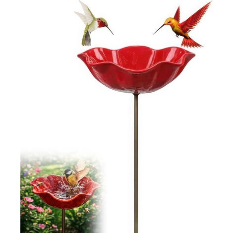 Dekorative Vogeltränke aus Metall, blumengeschmückter Gartenaufsatz, geeignet zur Dekoration von Terrassen, Balkonen und Naturgärten – Rot (1/5)