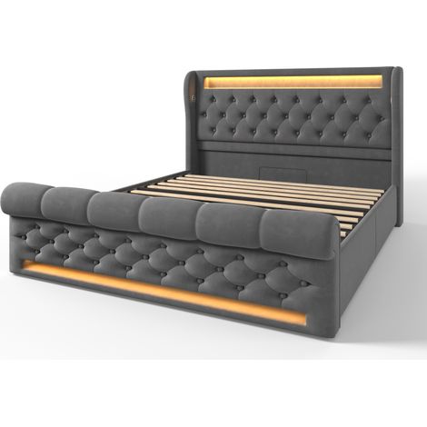 Cama con canapé doble 140x200 cm de terciopelo gris con LED, USB y USB-C (1/5)