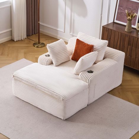 Cord Schlafsessel mit Liegefunktion, weiches Loungesofa mit Kissen, Decke und Getränkehaltern, werkzeuglos