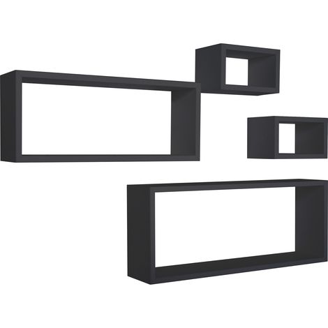 Set 3 Mensole Cubo da Parete Quadrato e Rettangolare in Fibra di Legno Merlino Nero (1/5)