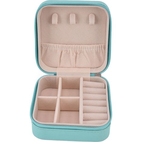 Tragbares Schmuckkästchen mit Reißverschluss, 4 Fächern, großem separaten Staufach, weichem Futter, Mini-Reise-Schmuckkästchen, eierblau (1/5)