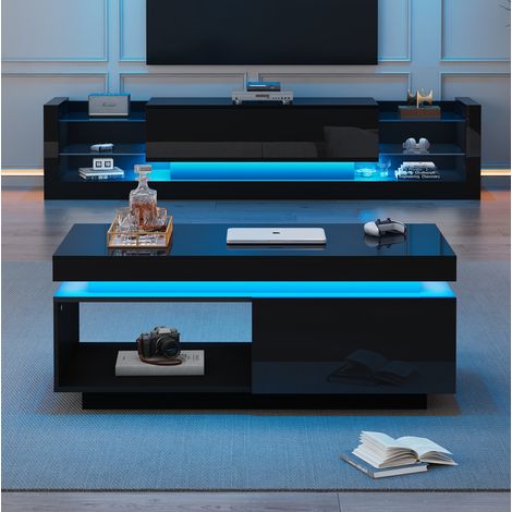 Mobile TV e tavolino 181/100 cm in pannelli di legno neri con LED e contenitore - FLORAGRACE (1/5)