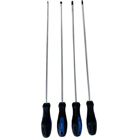 Lot de 4 tournevis extra-longs 335 mm – Acier chrome-vanadium trempé – Pointes aimantées et noircies – Pour vis difficiles d'accès