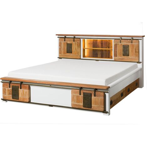 Bett mit Schubladen Mango / Altholz 180x200x107 weiß lackiert RAILWAY LUX 509