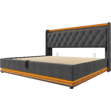 Polsterbett mit Bettkasten 180x200 cm Grau mit LED, USB Typ-C, Lattenrost, ohne Matratze (1/5)