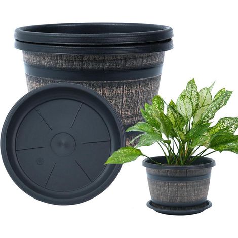 Blumentopf Set 3er, Whiskyfass Design, 25cm Ø, mit Untersetzer, Kunststoff, für Innen & Außen (1/5)