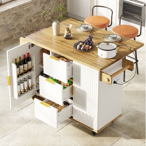 MEUBLIV Chariot de cuisine 134 x 46 x 88 cm blanc – plateau relevable, 5 roulettes (1/5)