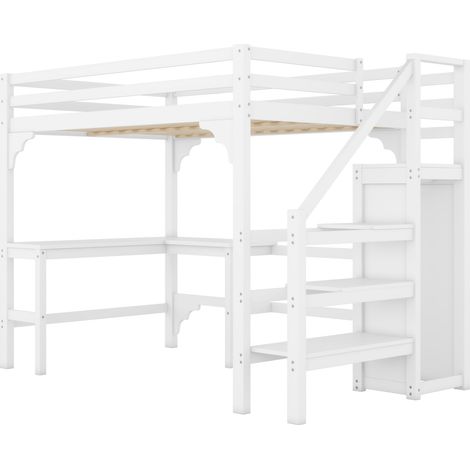 HOMVRA Hochbett 140 x 200 cm mit L-Schreibtisch und offenem Schrank, Weiß (1/5)