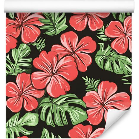 Papel pintado tropical de hibisco, coral y verde para salón y dormitorio, 50x1000 cm. (1/5)