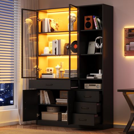 Armoire haute avec vitrine et LED, bibliothèque 120x35x200cm avec 13 zones de rangement, 4 tiroirs et portes vitrées, armoires de rangement, armoires, adapté pour salle à manger et salon, noir (1/5)