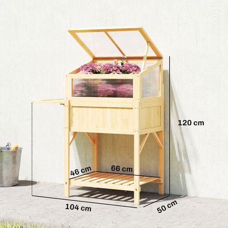 Potager surélevé avec châssis froid en bois, jardinière avec serre intégrée, pliable, table d'appoint, compartiment de rangement, bois naturel (1/5)