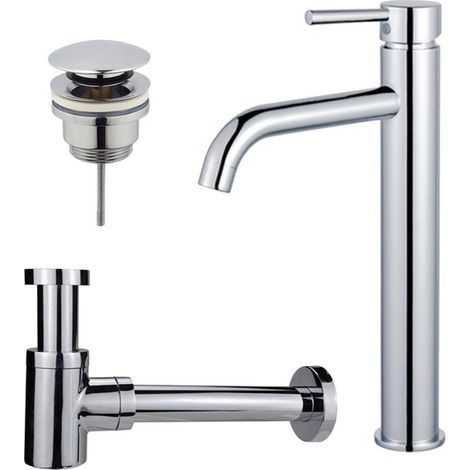Fortifura Calvi Kit mitigeur lavabo - robinet rehaussé - bonde clic clac - siphon design bas - Chrome brillant
