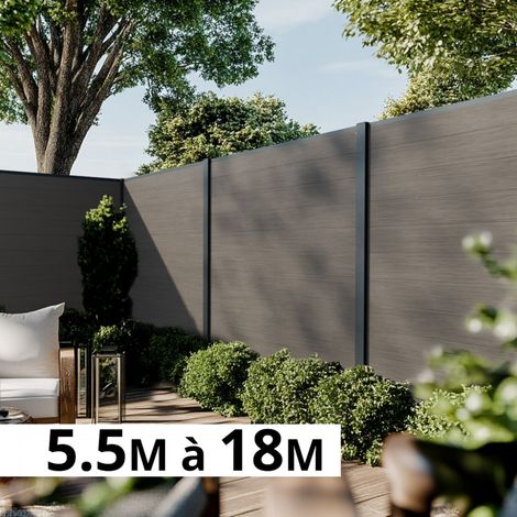 Kit Clôture Bois Composite Argent 5,5x1,8m CRUZ - Poteaux en Aluminium Gris - Brise Vue - Palissade